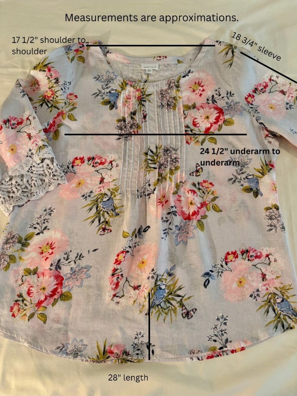 J. Jill Love Linen XL Floral Tunic Top Pintucks 3/4 Sleeves Crochet Lace Teacher - Picture 8 of 12